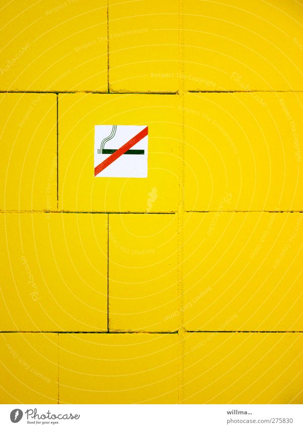 NO SMOKING Smoking Cigarette Sign Signage Warning sign Yellow No smoking Wall (building) smoking ban Copy Space interdiction Nicotine Non-smoker