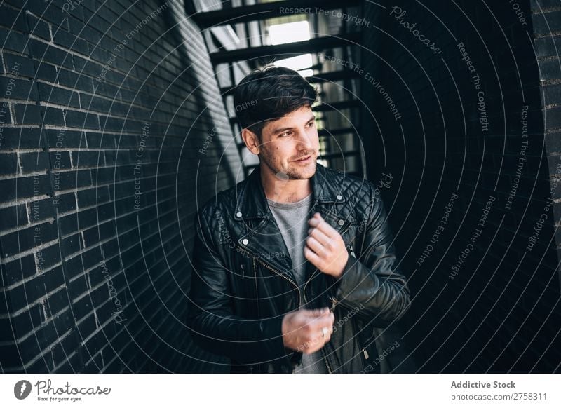 Confident man in leather jacket Man Youth (Young adults) Self-confident Jacket Leather Cool (slang) Human being Portrait photograph Modern Model fashionable