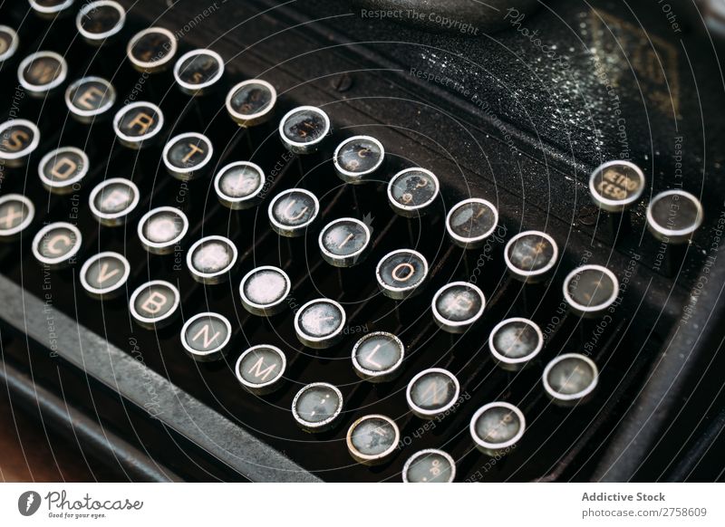 Keyboard of vintage typewriter Latin alphabet Antique Buttons Classic Close-up Empty Cast iron Bird's-eye view Grunge Horizontal keypad Letter (Mail) machine