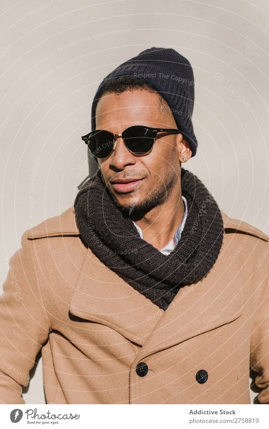Black man in stylish sunglasses Man Adults Ethnic Sunglasses warm clothes Self-confident Cool (slang) Stand Human being handsome Lifestyle Modern Guy