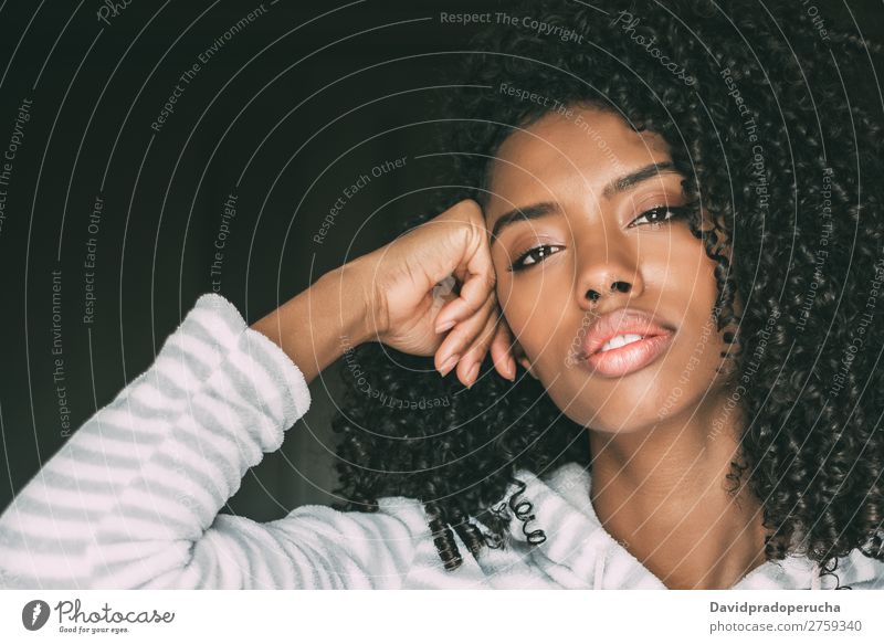 portrait closeup of Beautiful thoughtful black woman looking at the camera Woman Bed Black Considerate Beauty Photography Make-up Portrait photograph Close-up