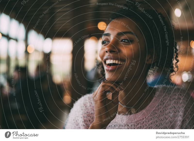 Happy beautiful black woman Woman Portrait photograph Black Considerate African Nationalities and ethnicity Smiling Copy Space Looking away Horizontal