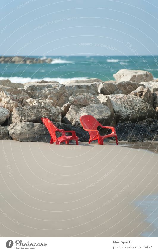 seizure Chair Beautiful weather Waves Coast Beach Ocean Tel Aviv Israel Plastic Sit Red Go under sunken Stone Sandy beach Fix Captured Get caught on Lowered 2