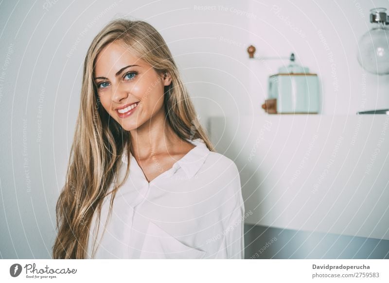 Portrait of a young thoughtful blonde woman Woman Portrait photograph Room Smiling Youth (Young adults) Considerate pretty Close-up Life Home Happy Beautiful