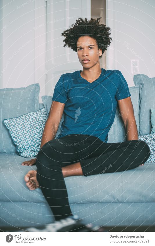 Portrait of a young thoughtful mixed race man sitting in the sofa Man Black Youth (Young adults) Portrait photograph Human being Mixed Racing sports American