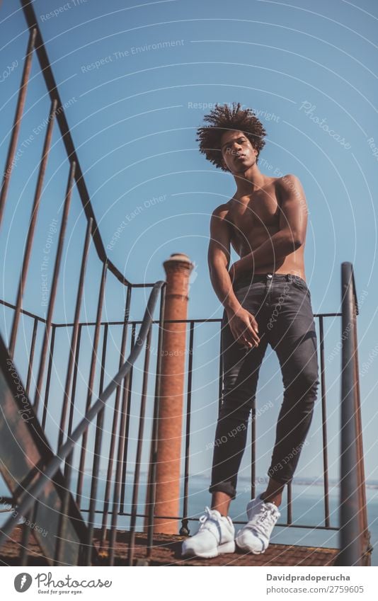 shirtless young black man on the stairs Man Black Youth (Young adults) Athlete Naked Torso Human being Mixed race ethnicity Afro Curly hair Healthy Body Fitness