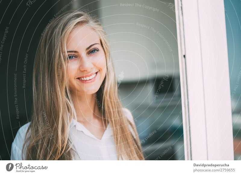Young thoughtful woman looking through the window Woman Blonde Youth (Young adults) Considerate pretty Portrait photograph Window Close-up Life Home Happy