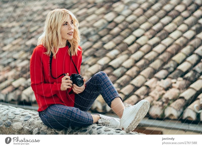 Woman taking photographs with an old camera Lifestyle Style Happy Beautiful Hair and hairstyles Leisure and hobbies Vacation & Travel Tourism Camera Human being