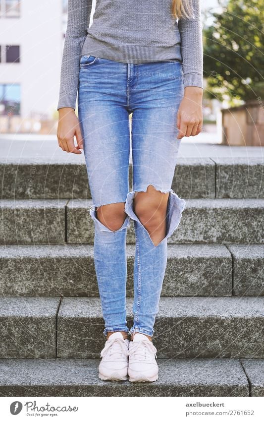 Ripped Jeans Fashion Trend Human being Feminine Girl Young woman Youth (Young adults) Woman Adults Legs 1 13 - 18 years 18 - 30 years Stairs Clothing Pants