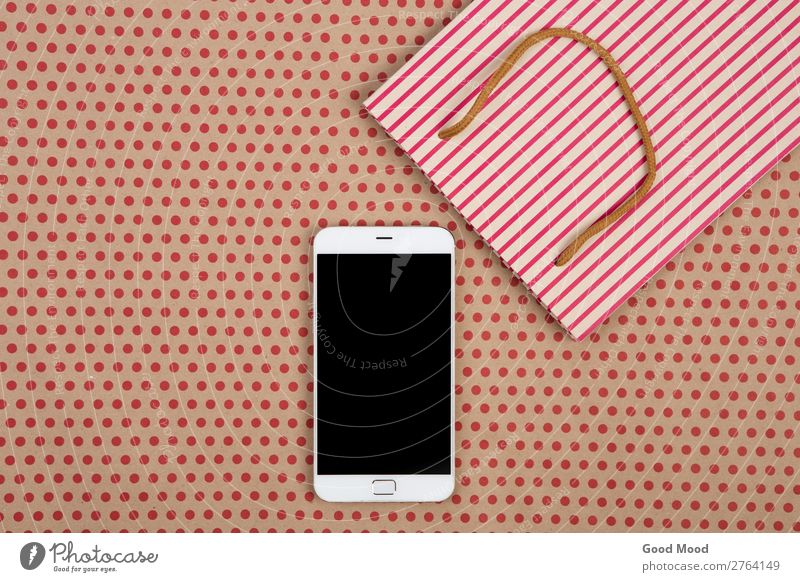 striped shopping bag, gift bags and smartphone Shopping Style Design Office Craft (trade) Business Telephone PDA Screen Technology Musical notes Pack Paper
