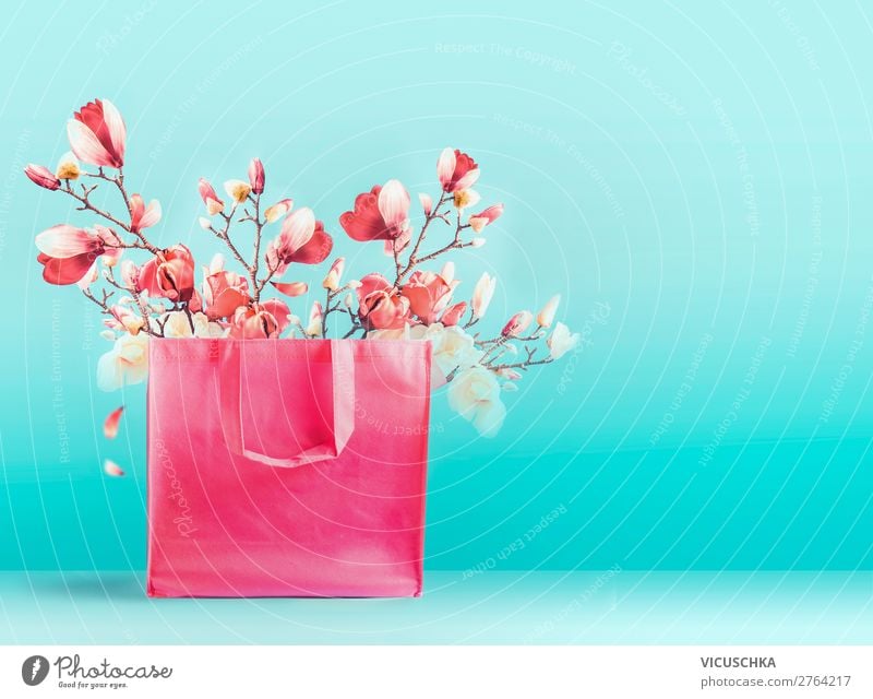 Pink shopping bag with spring flowers Shopping Design Nature Spring Summer Flower Blossom Bag Decoration Bouquet Hip & trendy Turquoise Fragrance Inspiration