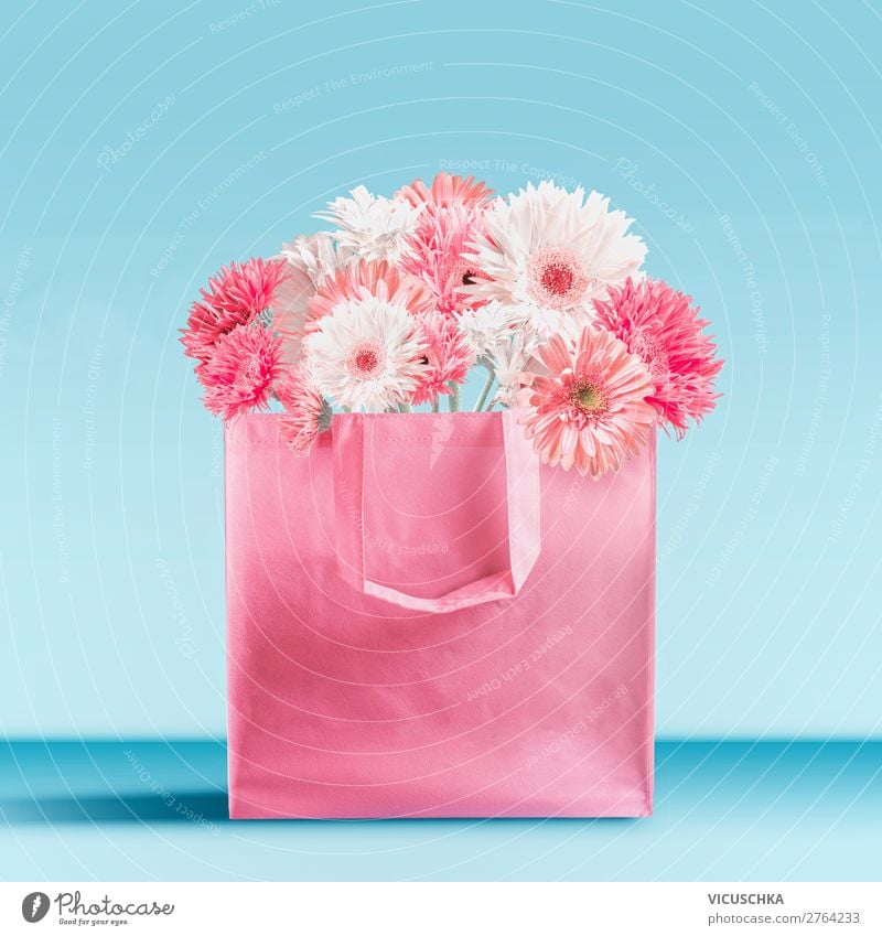 Pink shopping bag with gerbera flowers Shopping Style Design Summer Decoration Feasts & Celebrations Valentine's Day Mother's Day Wedding Birthday Flower
