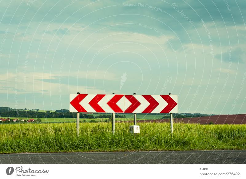 The direction is rough Summer Environment Nature Landscape Sky Beautiful weather Meadow Field Transport Traffic infrastructure Street Lanes & trails Road sign