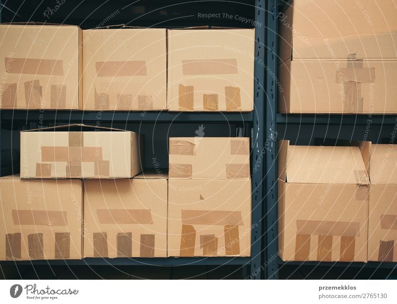 Cardboard boxes on shelves File Packaging Package Large Brown archive Carton depository distribution equipment many room shelf Arrange sorted Stack stock