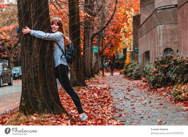 Girl at Westend in Vancouver, BC, Canada Happy Woman Adults Environment Nature Autumn Beautiful weather Tree Leaf Downtown Building Architecture Street Vehicle