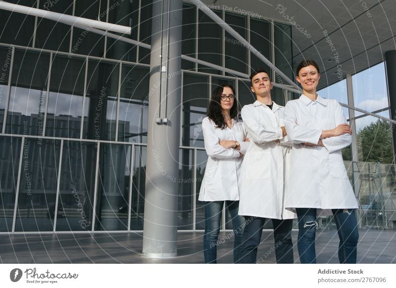 Lab workers at building Laboratory Work and employment Science & Research Man Woman Team Building Modern Contemporary Human being Scientist Medication Chemistry