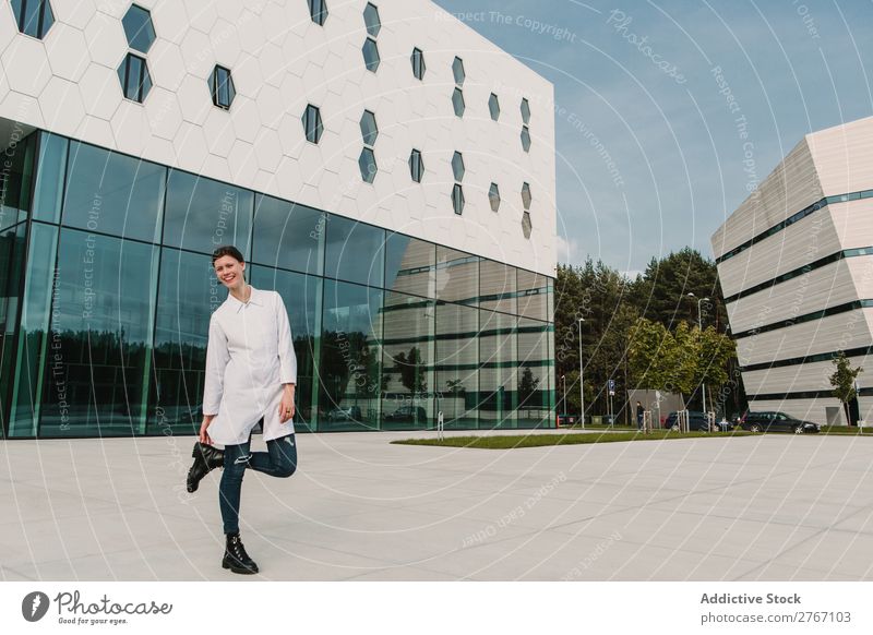 Woman in whites at modern building Laboratory Work and employment Science & Research Building Modern Contemporary Human being Scientist Medication Chemistry