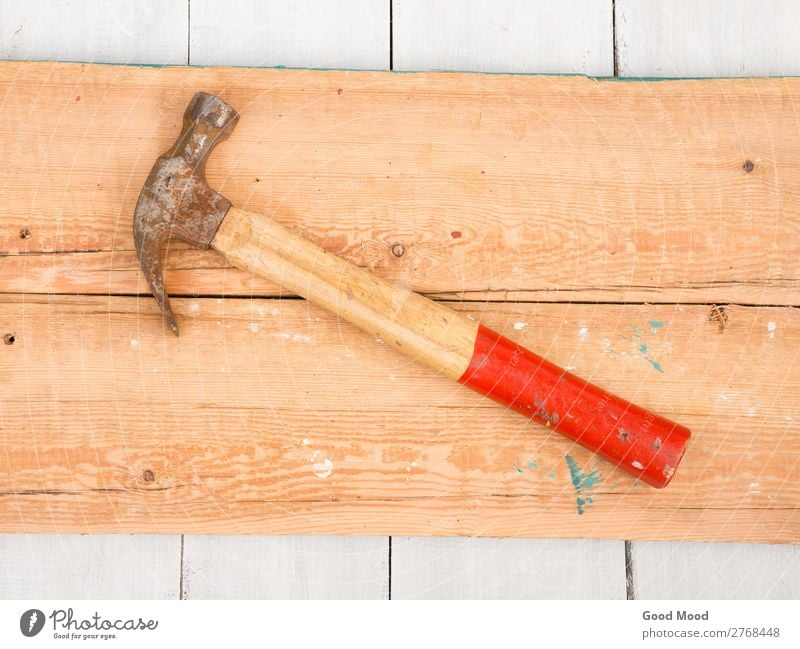 Old hammer on wooden background Design Work and employment Industry Tool Hammer Wood Metal Steel Rust Build Dirty Retro Red Ancient Bench board border Carpenter