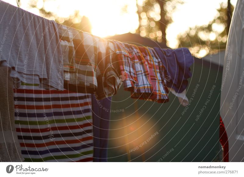 Laundry on a summer evening Vacation & Travel Summer Summer vacation Multicoloured Yellow Washing Camping Colour photo Exterior shot Deserted Copy Space bottom