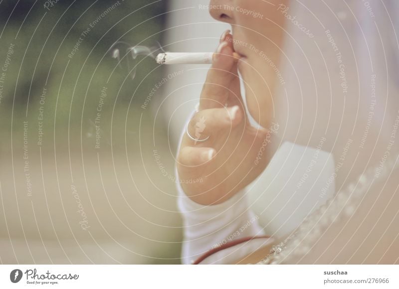 smoking bride Face Nose Mouth Hand Fingers 1 Human being 30 - 45 years Adults Smoking Serene Cigarette Smoke Wedding band Subdued colour Exterior shot Detail