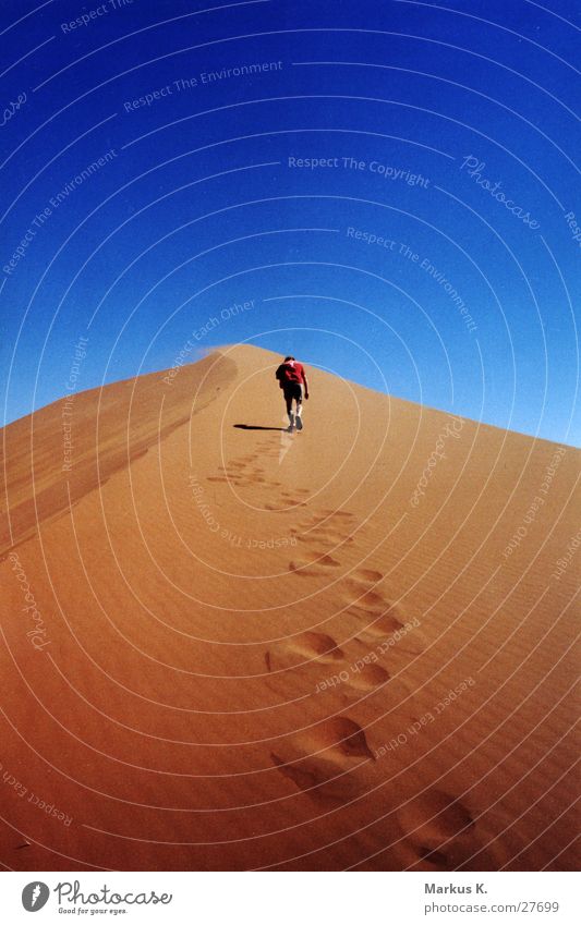 ascent Go up Hot Physics Dry Red Namibia Africa Masculine Man Munich Effort burdensome Warmth Thirst Blue Beach dune Desert Namib desert Human being
