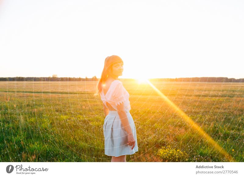 Romantic woman in green field Woman romantic Field Floral Wreath Style Feminine Joy Delicate Model Freedom Landscape Leisure and hobbies Happiness Gold