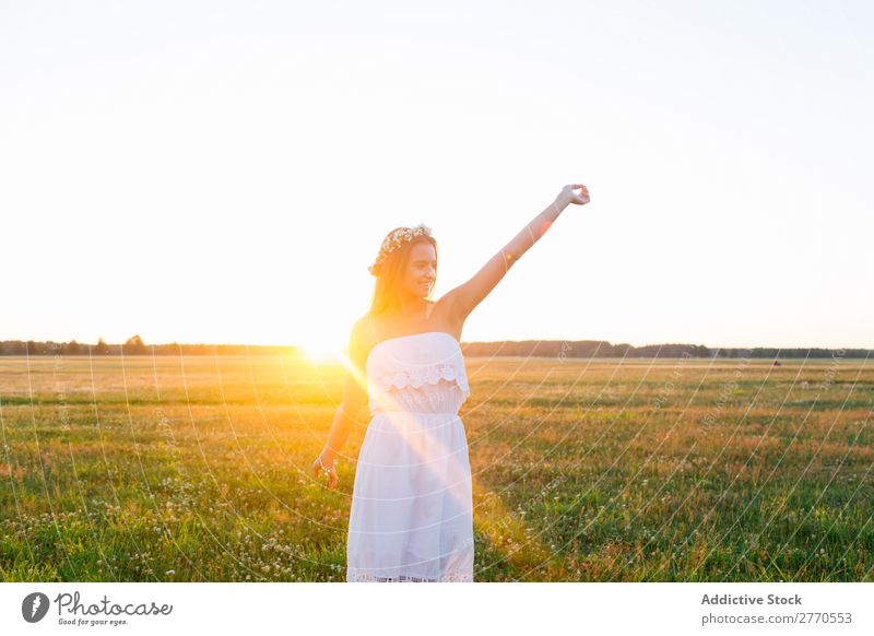 Romantic woman in green field Woman romantic Field Floral Wreath Style Feminine Joy Delicate Model Freedom Landscape Leisure and hobbies Happiness Gold