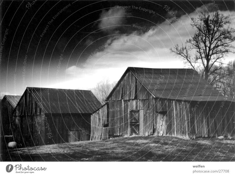 Old Barn Clouds Wooden hut Americas Ambience Architecture Black & white photo