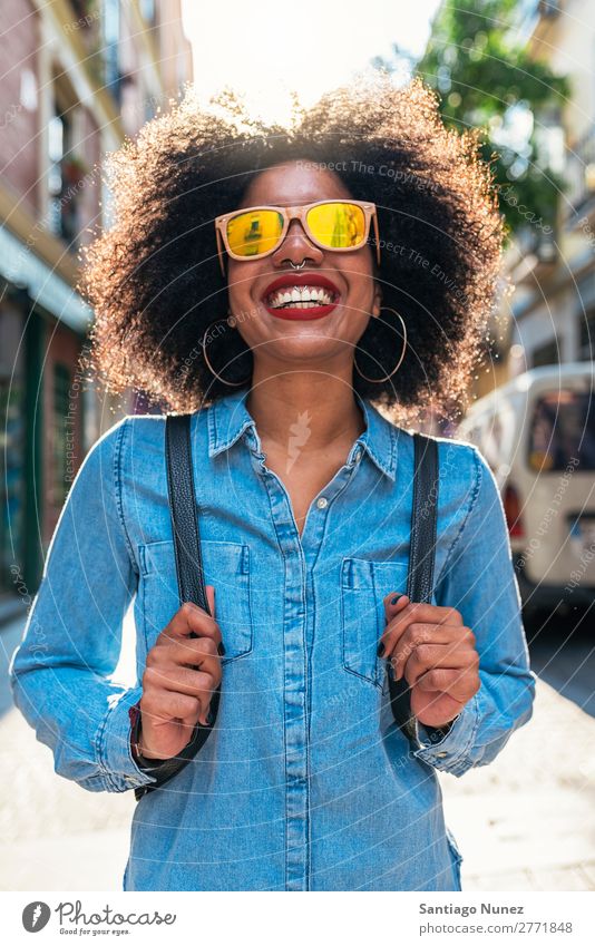 Portrait of beautiful afro american woman. Woman Black African Afro Human being Portrait photograph City Youth (Young adults) Girl American Ethnic Hair Smiling