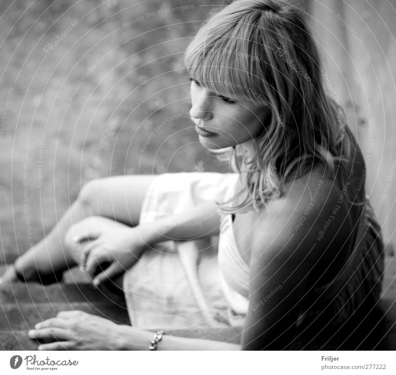 . Feminine Young woman Youth (Young adults) Adults 1 Human being 18 - 30 years Observe Looking Sit Dream Sadness Wait Black & white photo Exterior shot Day