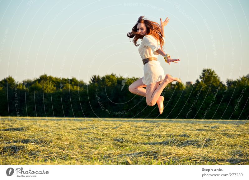 acrobatics Feminine Young woman Youth (Young adults) Cloudless sky Summer Beautiful weather Tree Meadow Dress Belt Barefoot Brunette Red-haired To enjoy Jump