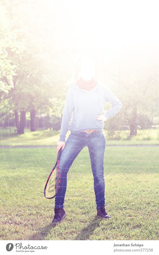 Parking light I Human being Feminine Young woman Youth (Young adults) Life Legs 1 Leisure and hobbies Back-light Awareness Lens flare Bright Badminton Posture