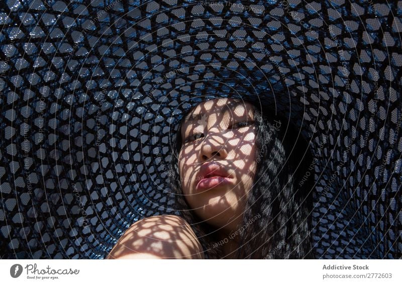 Asian woman in big hat Woman Style fashionable asian Hat Sun Protection Shadow Grid Beautiful Fashion Beauty Photography Youth (Young adults) Model