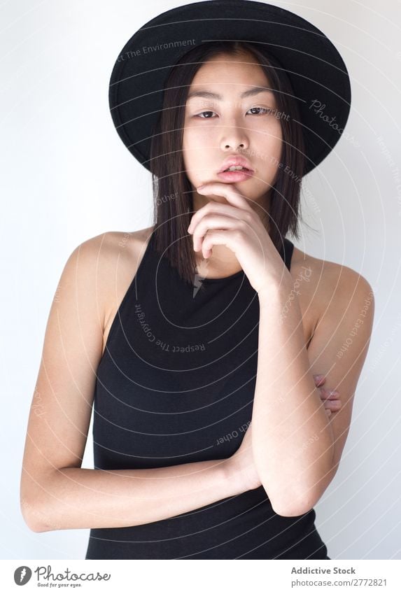 Young Asian woman with posing in studio with hat Woman Style fashionable asian Hat Beautiful Fashion Beauty Photography Youth (Young adults) Model