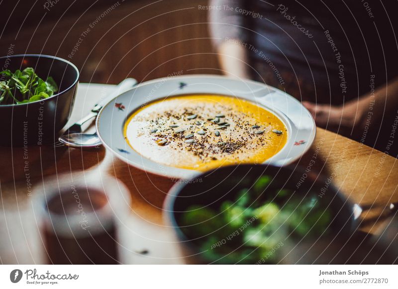 Pumpkin soup on the plate and salad Healthy Eating Dish Food photograph Interior shot cake Cooking Lunch Vegan diet Vegetarian diet Living or residing Nutrition