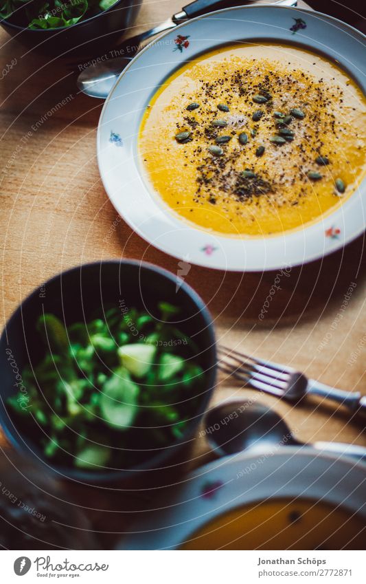 Pumpkin soup on the plate and salad Healthy Eating Dish Food photograph Interior shot cake Cooking Lunch homemade Vegan diet Vegetarian diet Living or residing