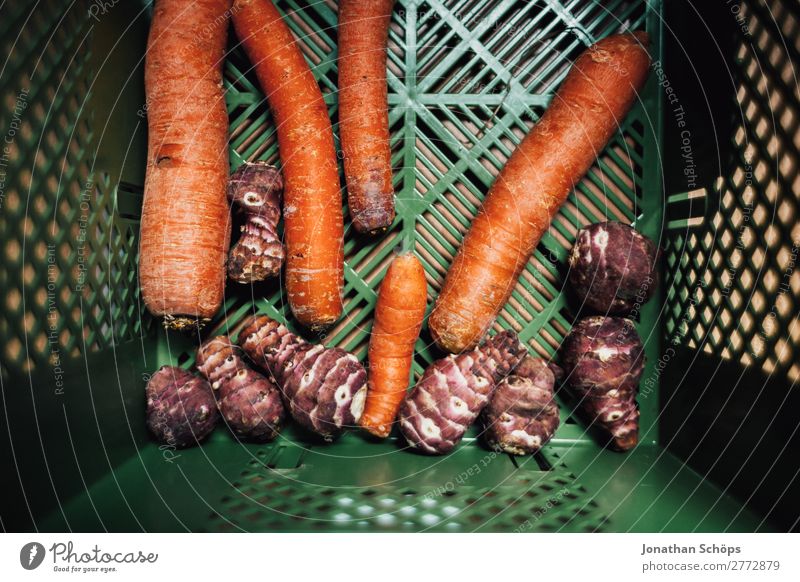 Carrots and Jerusalem artichoke in the organic box Food Vegetable Nutrition Organic produce Vegetarian diet Diet Shopping Healthy Health care Healthy Eating