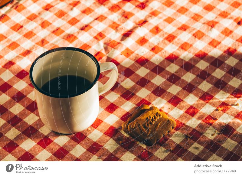 Cookie and cup of coffee Background picture Table Cup Tablecloth Morning Checkered Metal Home-made Dessert Beverage Sweet Breakfast Coffee Tasty Delicious Rural