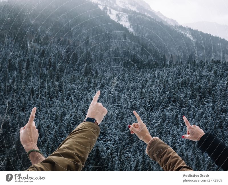 Crop hands pointing at mountains Human being Mountain travelers Posture pointing away Indicate explorers Snow Forest Freedom Demonstration Adventure Forefinger