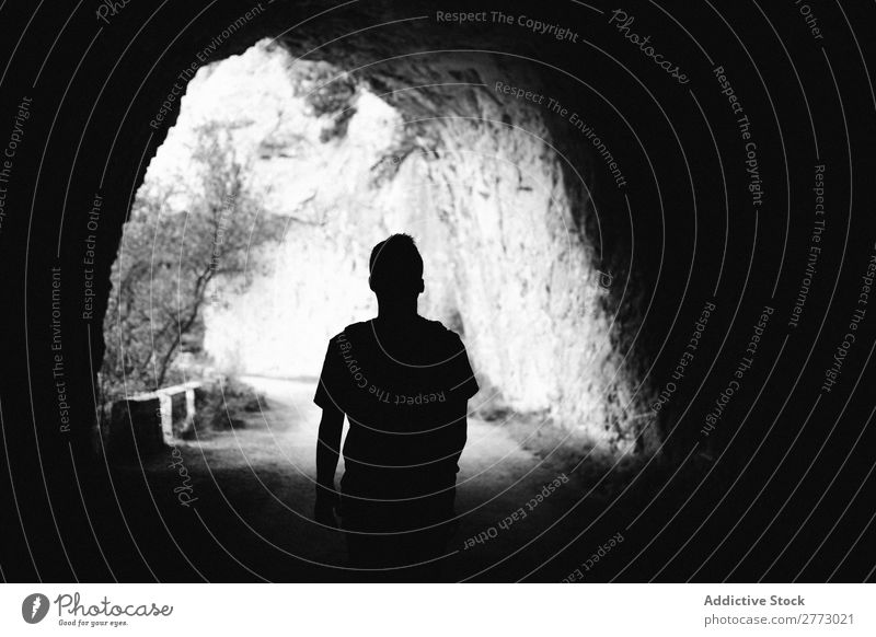 Person in tunnel. Tunnel Silhouette Rear view Light Underground Fear Way out Mystery End Exterior shot Human being Dirty Vacation & Travel arc away