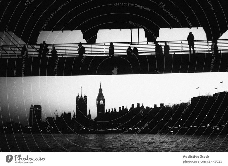 People looking at Big Ben. Monochrome Black & white photo Silhouette Human being Old Vintage Bridge Appearance Retro River Attraction Historic touristic