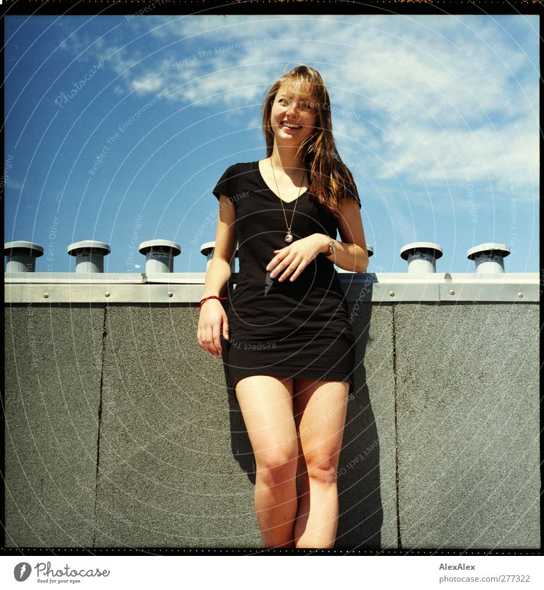 Summer girl on the roof Joy Happy Young woman Youth (Young adults) Body Hair and hairstyles Hand Legs 1 Human being 18 - 30 years Adults Sky Roof Chimney