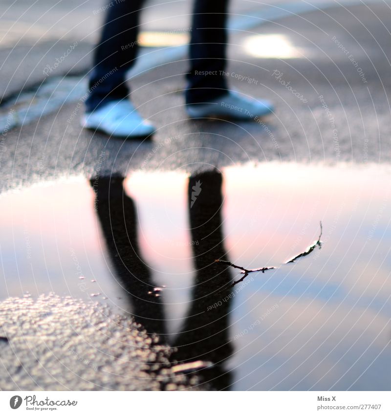 mirrors Human being Legs Feet 1 Water Bad weather Rain Wet Puddle Mirror image Water reflection Colour photo Multicoloured Exterior shot Twilight Reflection