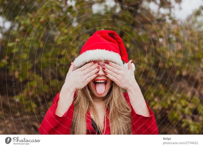 Young woman with Christmas hat in the forest Lifestyle Joy Happy Beautiful Face Winter Christmas & Advent Human being Woman Adults Lips Nature Fog Park Forest