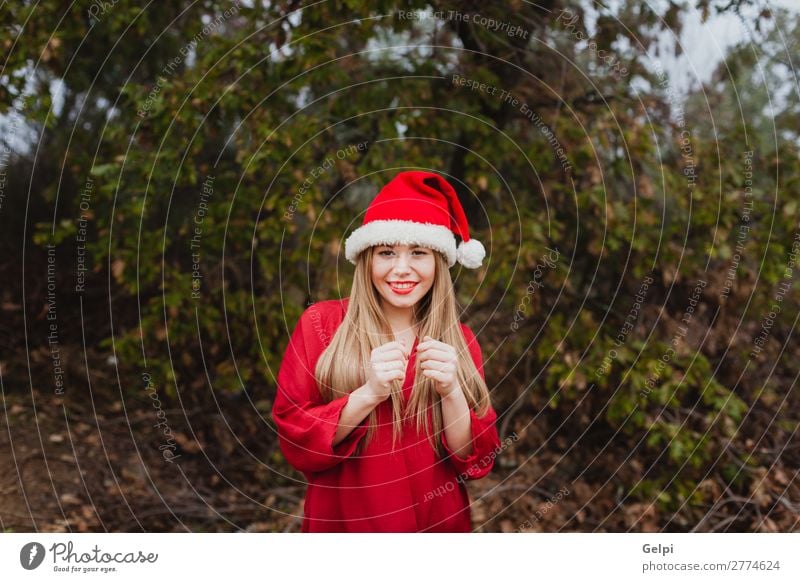 Young woman with Christmas hat in the forest Lifestyle Joy Happy Beautiful Face Calm Winter Christmas & Advent Human being Woman Adults Lips Nature Fog Tree