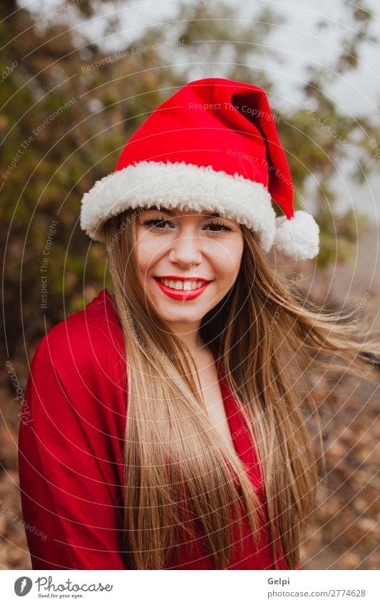 Young woman with Christmas hat in the forest Lifestyle Joy Happy Beautiful Face Calm Winter Christmas & Advent Human being Woman Adults Lips Nature Fog Tree