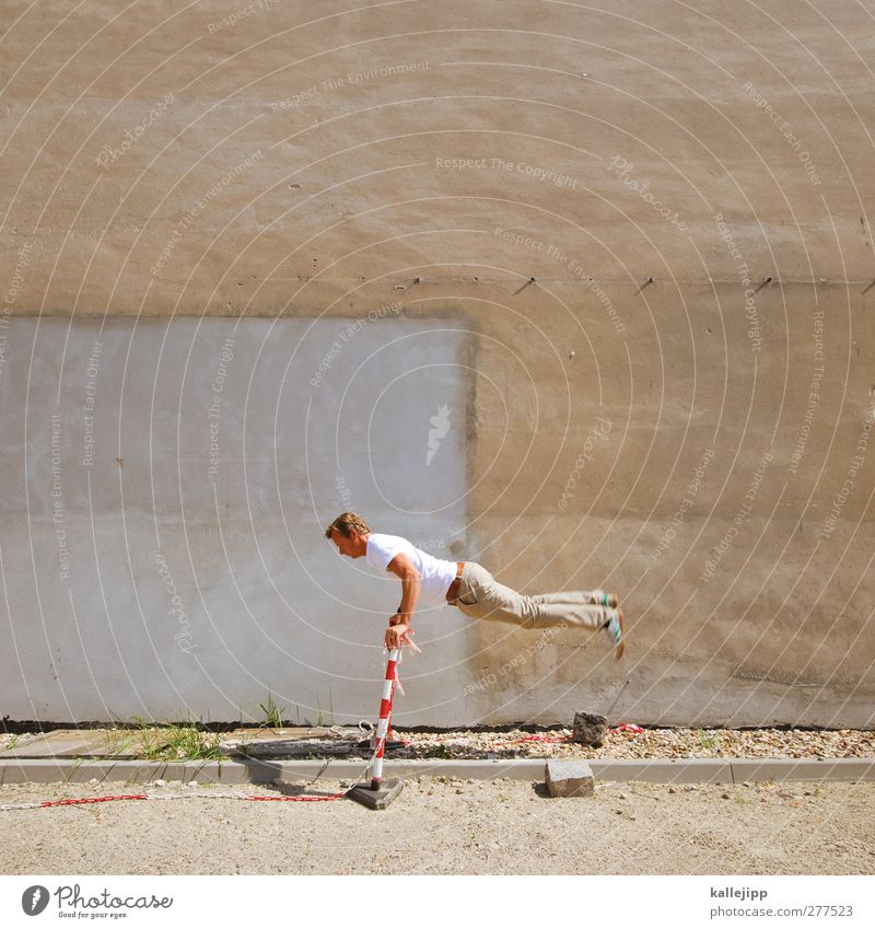 Olympic Human being Man Adults 1 Jump Barrier Whimsical Athletic Colour photo Exterior shot Copy Space top Contrast Full-length Downward Bright background