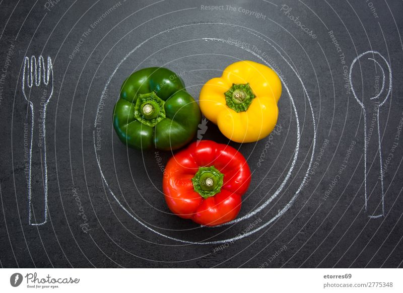 Peppers on slate table. Spoon, plate and fork drawn with chalk Chalk Fork Vegetable Slate Food Healthy Eating Food photograph Table Mature paprika many Colour