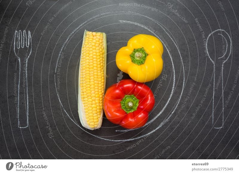 Corn and peppers on slate table Pepper corn Plate Spoon Fork Chalk Slate Table Food Healthy Eating Food photograph Diet Vegetable Nutrition Yellow Red Kitchen