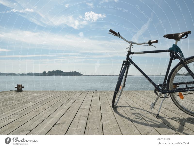 bike Relaxation Vacation & Travel Trip Far-off places Freedom Cycling tour Summer Ocean Island Bicycle Jetty Footbridge Leisure and hobbies Colour photo